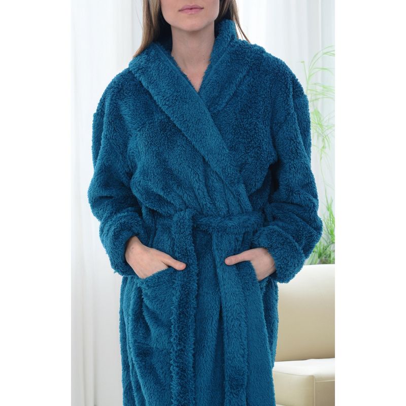 Women's Fuzzy Plush Fleece Bathrobe with Hood, Soft Warm Hooded Lounge Robe, 6 of 9