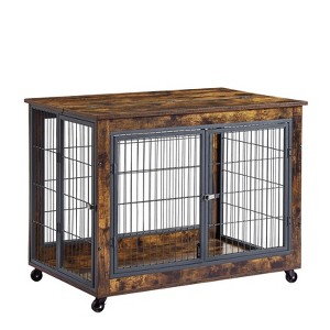 GustoWave Furniture Dog Crate with Double Doors, Rustic Brown Indoor Wooden Dog Kennel On Wheels, 38.5" Pet Cage with Lift Top & Side Door - 1 of 4