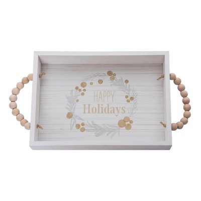 Transpac Wood 11.02 in. White Christmas Happy Holidays Serving Tray