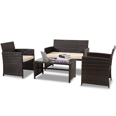 FIONECA Deluxe 4-Piece Patio Furniture Set ¨C Brown Rattan Outdoor Conversation Set with Beige Cushions & Table