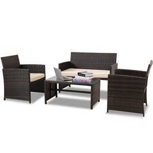 FIONECA Deluxe 4-Piece Patio Furniture Set ¨C Brown Rattan Outdoor Conversation Set with Beige Cushions & Table - 1 of 4