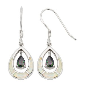 Opalata Sterling Silver White Inlay Opal Open Oval w/Rainbow Teardrop CZ Earrings - White - 1 of 2