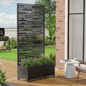 Wooakway Black Metal Planter Box with Trellis Raised Garden Bed with Arbor Privacy Screen with Wheels - 1 of 4