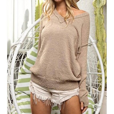 Women's Raw Edged Popcorn V-neck Sweater - BiBi