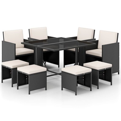 Costway 9 PCS Patio Dining Set with Tempered Glass Table & Ottoman Removable Cushions off-White/Beige