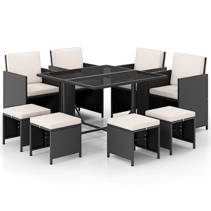 Costway 9 PCS Patio Dining Set with Tempered Glass Table & Ottoman Removable Cushions off-White/Beige - 1 of 2