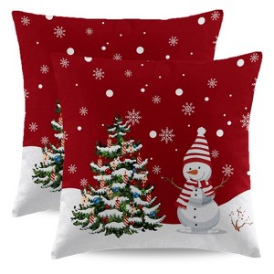 Red Christmas Pillow Covers 18x18 Set of 2 Farmhouse Snowman Snowflake Xmas Tree Decorative - 1 of 3