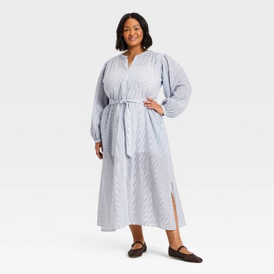 Женские платья Universal Thread Women's Balloon Long Sleeve Collared Neck Maxi Shirtdress - Universal Thread™ Blue Striped 1X — фото 3