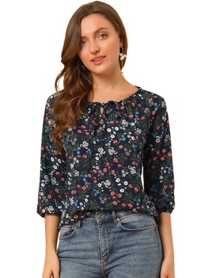 Allegra K Women's Bow Tie Round Neck 3/4 Raglan Sleeve Floral Blouse