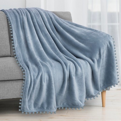 Cozy Dusty Blue Fleece Twin Throw with Pom Pom Fringe