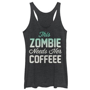 Women's CHIN UP Halloween Zombie Needs Coffee Racerback Tank Top - 1 of 3