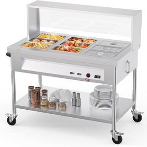 72QT Steam Table, 9x8QT Electric Commercial Food Warmer with Acrylic Shield, Stainless Steel Bain Marie Countertop, Lockable Wheels, 1500W, 110V - 1 of 4