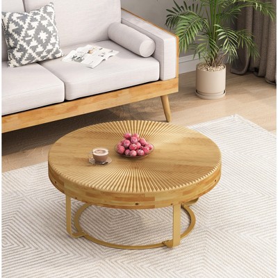 Modern round coffee table Wooden carving pattern coffee table with metal legs