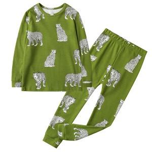 Owlivia Organic Cotton Baby Long Sleeve Pajama Sets, Toddler 2Pc Sleepwear - Green Cheetah - 1 of 4