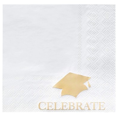 Blue Panda 50 Pack Graduation Napkins, Gold Grad Hat Cocktail Napkins, Class of 2024 Party Supplies Decorations, White, 5 x 5 in