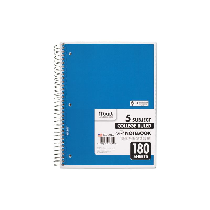Mead Spiral Notebook, 5-Subject, Medium/College Rule, Randomly Assorted Cover Color, (180) 10.5 x 8 Sheets, 2 of 7