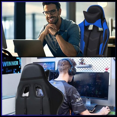 Ergonomic Black and Blue Faux Leather Gaming Chair with Footrest
