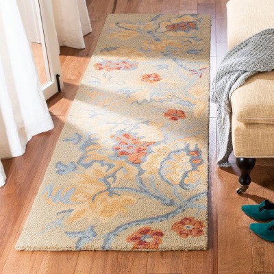 Handmade Beige and Blue Floral Wool Runner Rug