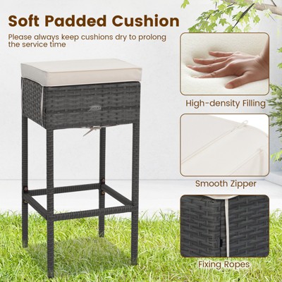 Gray Wicker 5-Piece Outdoor Bar Set with White Cushions