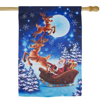 Santa and Reindeer Sleigh Ride Blue Winter Garden Flag