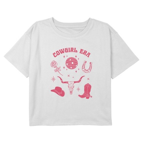 LOST GODS Girl's Lost Gods Disco Cowgirl Graphic Graphic Cropped T-Shirt - White - Medium