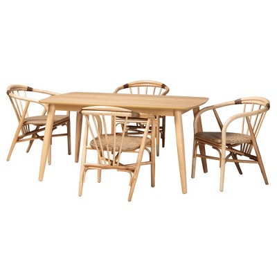 Kyoto Natural Brown Wood and Rattan 5-Piece Dining Set with Handcrafted Chairs