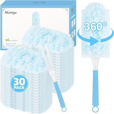 30 Count Duster Refills with Handle, 360° Multi-Surface Disposable Microfiber Dusters for Home and Office Cleaning
