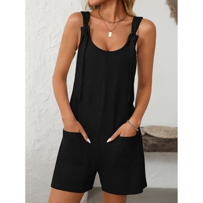 Womens Summer Casual Short Romper Scoop Neck Sleeveless Striped Overalls Shorts Jumpsuit with Pockets