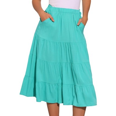 INSPIRE CHIC Women's Midi Solid Elastic Waist Flare Tiered A-Line Skirt with Pockets