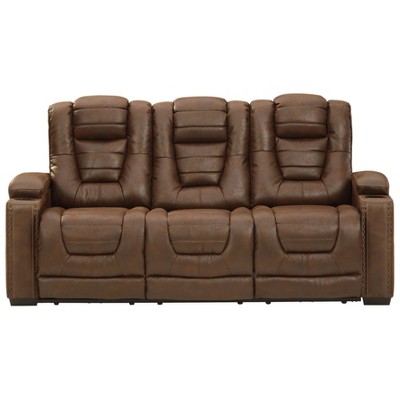 Brown Tufted Faux Leather Reclining Sofa with Storage and Cup Holder