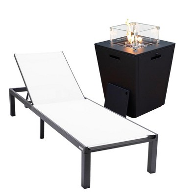 LeisureMod Marlin Modern Outdoor Patio Chaise Lounge Chair in Black Aluminum Frame with Square Fire Pit Side Table