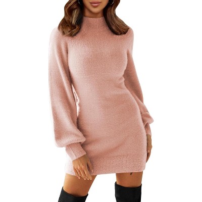 EXLURA Women's Mock Neck Ribbed Long Sleeve Bodycon Pullover Cute Mini Sweater Dress