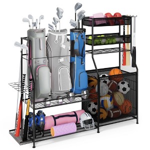 MOEPISY Garage Sports Equipment Organizer, 3 Golf Bags Storage Stand, Heavy-Duty Ball Storage Rack with Basket and Hooks - 1 of 4