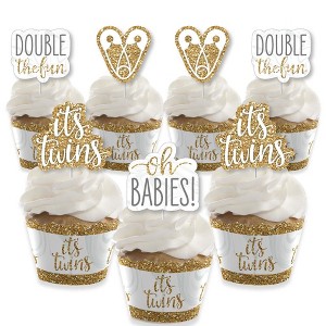 Big Dot of Happiness It's Twins - Cupcake Decoration - Gold Twins Baby Shower Cupcake Wrappers and Treat Picks Kit - Set of 24 - 1 of 4