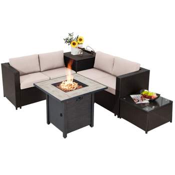 Tangkula 5-Piece Patio Furniture Set with 30 Inches Gas Fire Pit Table Outdoor PE Wicker Conversation Sectional Sofa Set with Cushions  Beige