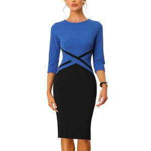 INSPIRE CHIC Women's Slim Fit Contrast Color 3/4 Sleeve Bodycon Work Office Pencil Dress - 1 of 4