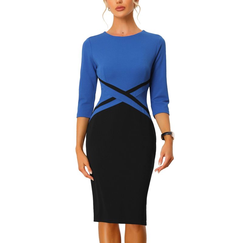 Allegra K Women's Slim Fit Contrast Color 3/4 Sleeve Bodycon Work Office Pencil Dress, 1 of 7