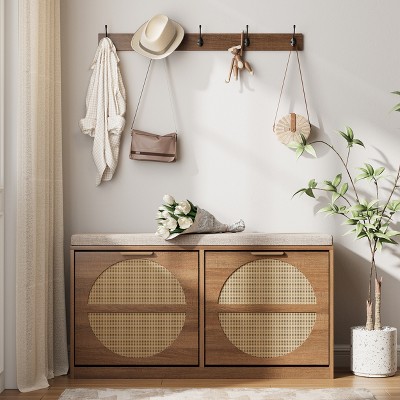 Rattan Entryway Bench with Seat Cushion & Metal Hooks, Shoe Storage Cabinet, Rustic Oak Rattan
