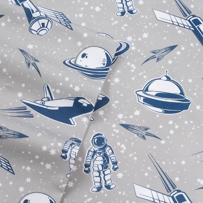 Twin Blue and Gray Spaceship Print Microfiber Sheet Set