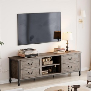 TV Stand, 70 Inch Mid-Century Modern Entertainment Center – 4 Drawers Metal Roman Columns Rustic Grey TV Console for Living Room - 1 of 4