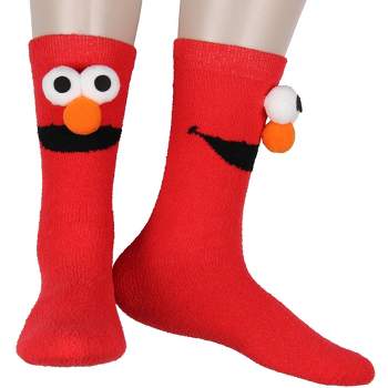 Sesame Street Socks 3D Eyes And Nose Elmo Adult Chenille Fuzzy Plush Crew Socks Red