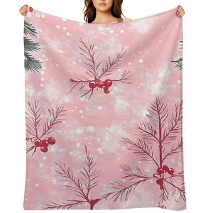 FIONECA Christmas Blanket with Holly Branch Snowflake and Pine Branch Design Pink Background 30x40 inches - 1 of 4
