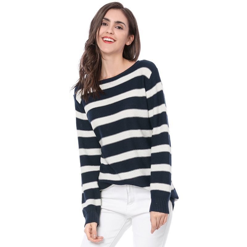 Allegra K Women's Long Sleeves Drop Shoulder Loose Striped Sweater, 3 of 8