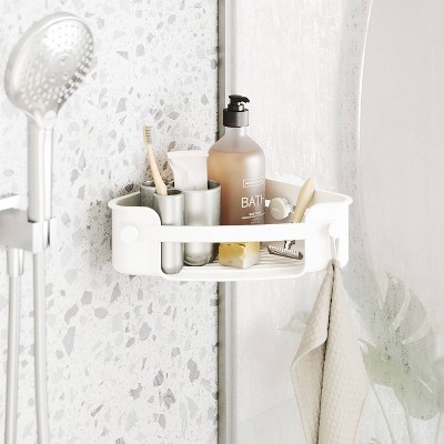 White Plastic Adhesive Shower Corner Bin with Hooks