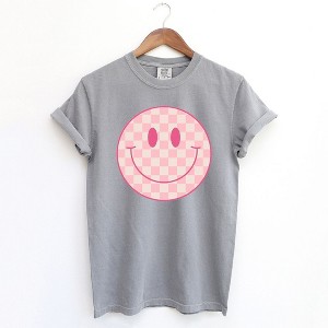 Simply Sage Market Women's Pink Checker Smiley Face Short Sleeve Garment Dyed Tee - 1 of 4