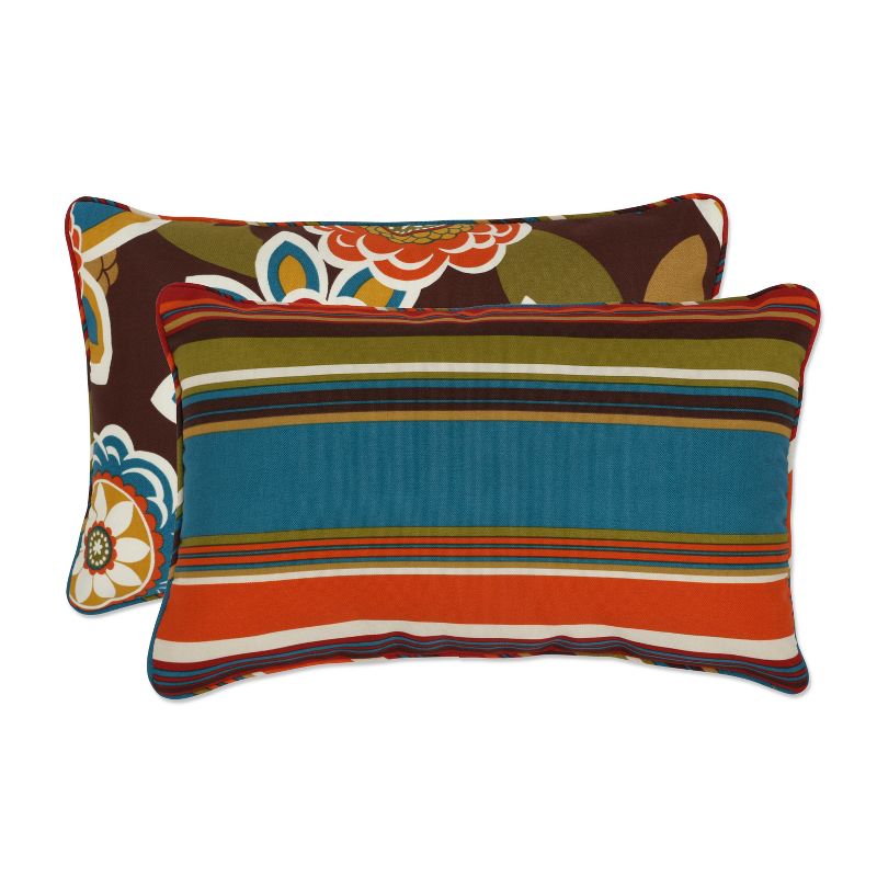 Outdoor 2-Piece Reversible Lumbar Toss Pillow Set - Brown/Turquoise Floral/Stripe - Pillow Perfect, 3 of 9