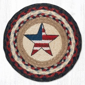 Earth Rugs Americana Star Jute Trivet – 10"x10" Round Braided Hot Pad, Hand-Stenciled Red White Blue Patriotic Design - 1 of 3