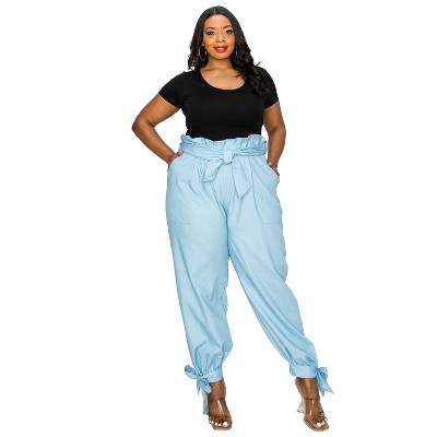 L I V D Women's Lightweight Denim Paperbag Pants