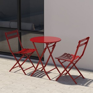 3-Piece Outdoor Bistro Set, Red Metal Folding Round Table with 2 Chairs, Collapsible Portable Patio Chat Set – Cuddlewood - 1 of 4