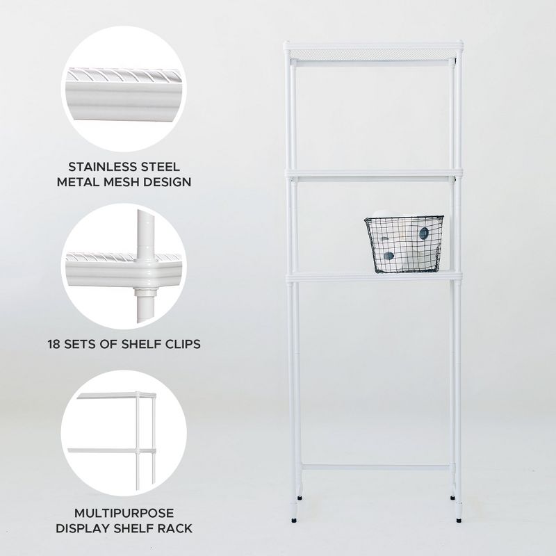 Design Ideas MeshWorks 3 Tier Full Size Metal Tower Bathroom Storage Shelving Unit Rack for Over the Toilet Organization, 26" x 10" x 72", White, 4 of 7